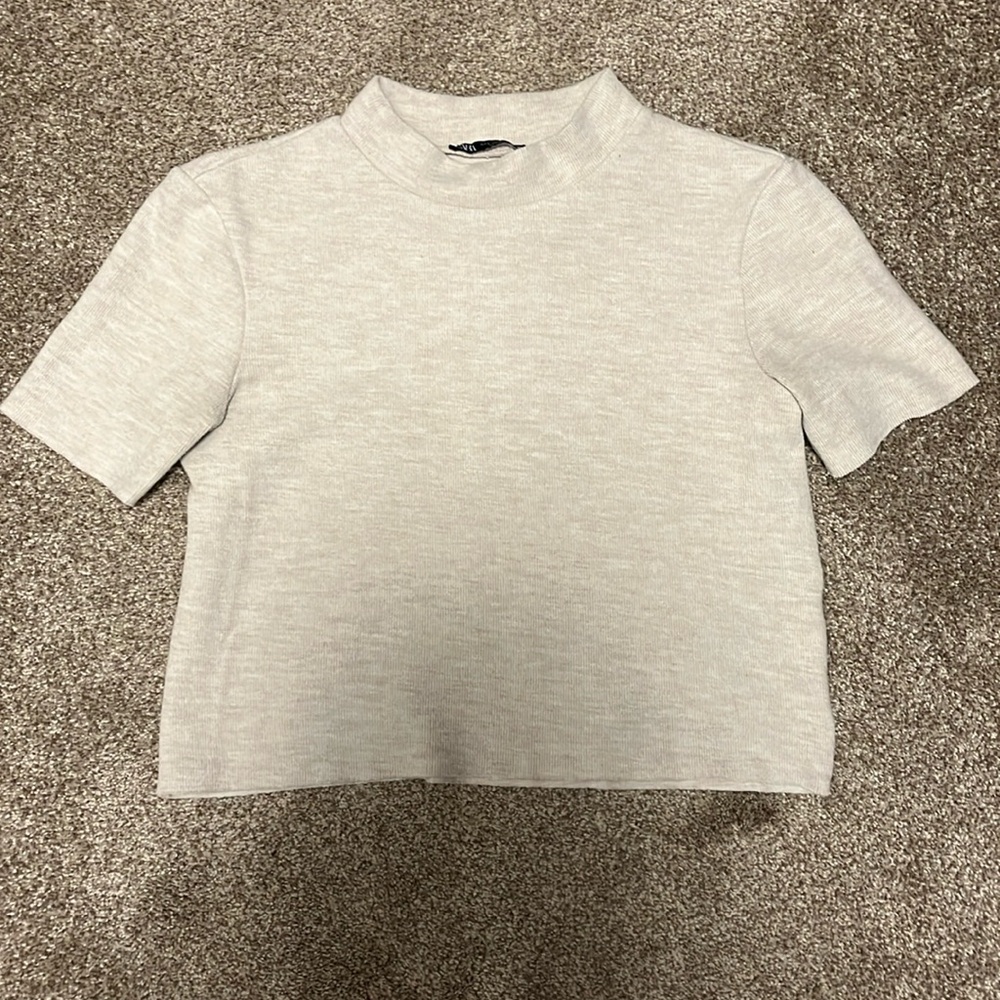 Zara Beige Mock Neck Short Sleeve Sweater